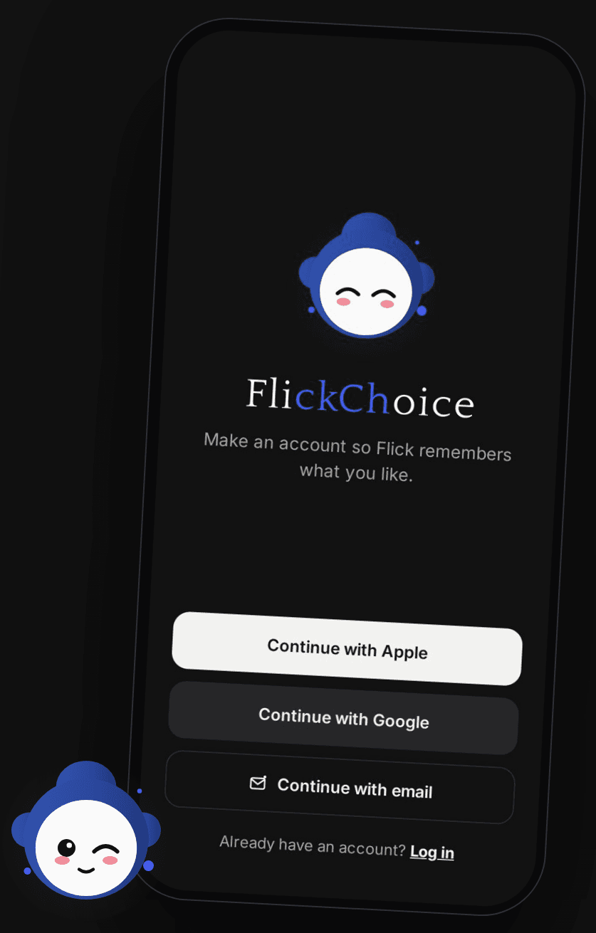 FlickChoice welcome screen with Flick winking beside it