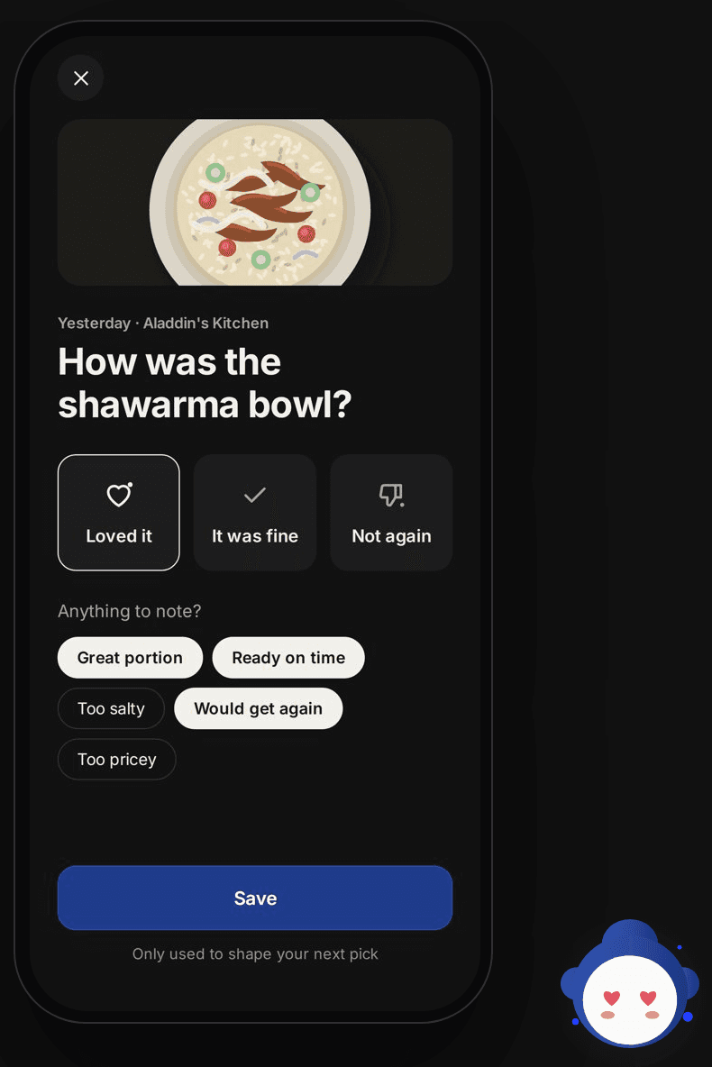 Next day check in asking how the shawarma bowl was