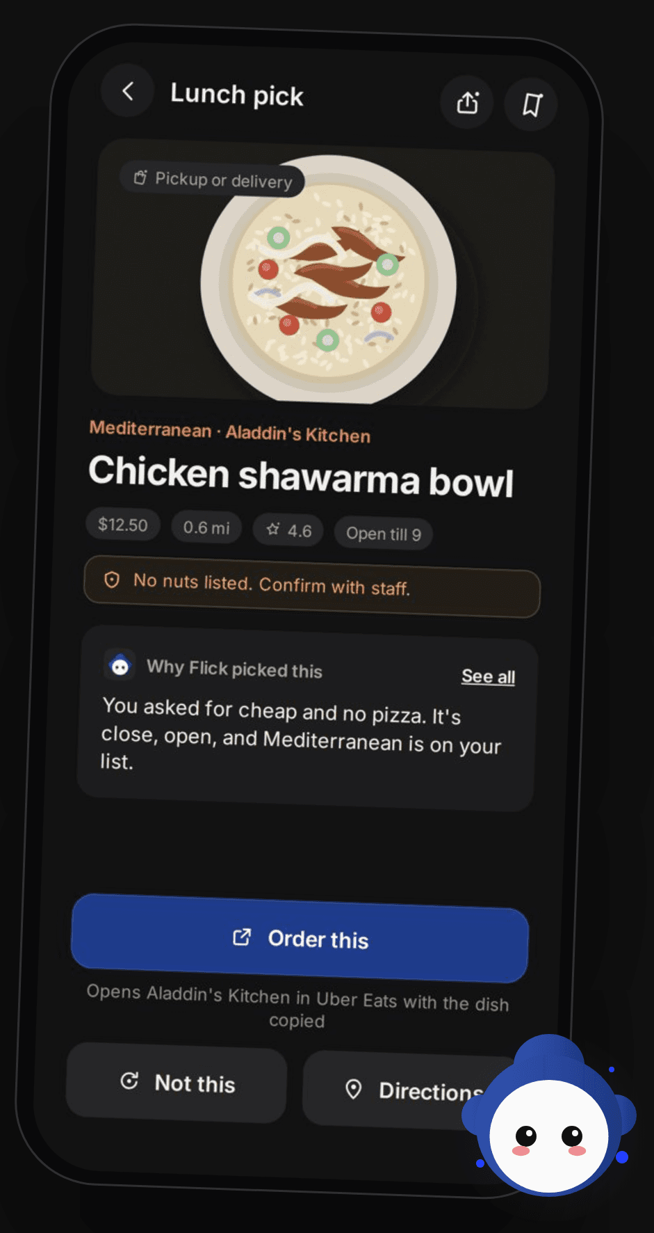 FlickChoice home screen and a lunch pick for a chicken shawarma bowl