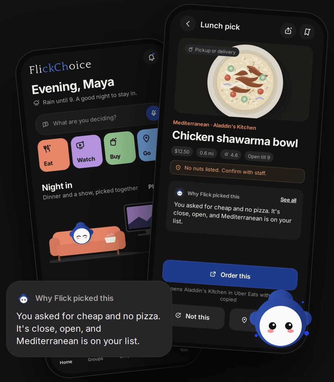 FlickChoice home screen and a lunch pick for a chicken shawarma bowl