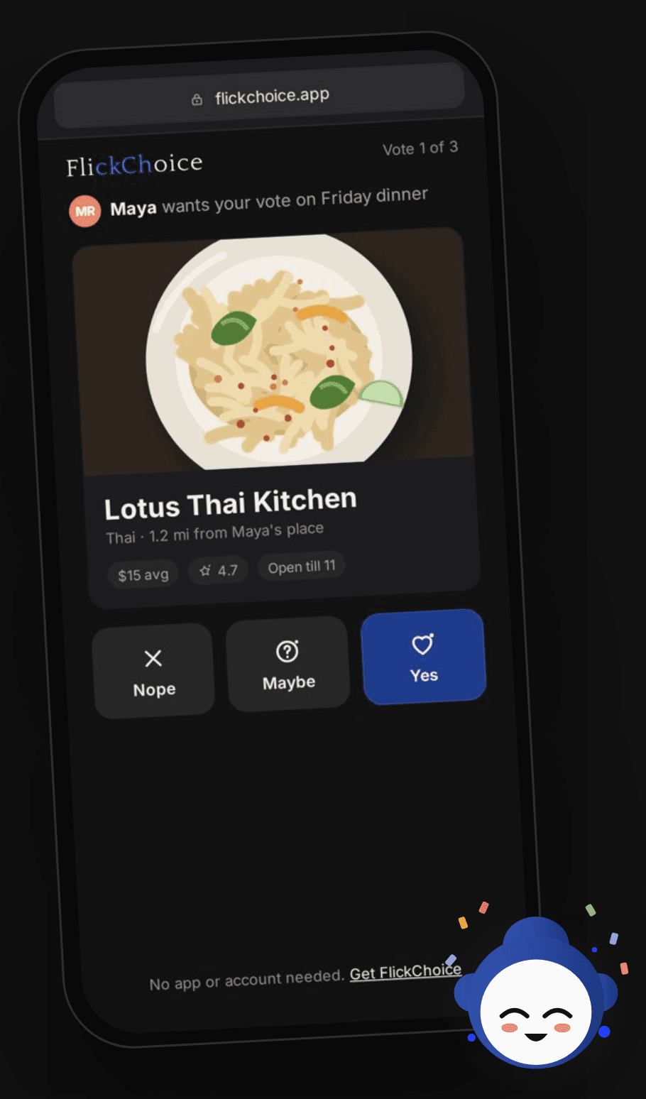 Voting on Lotus Thai Kitchen in the browser, then the decided result in the app