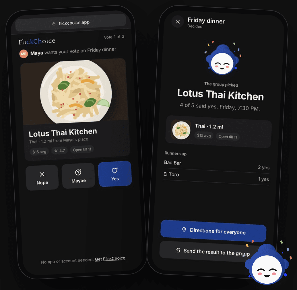 Voting on Lotus Thai Kitchen in the browser, then the decided result in the app